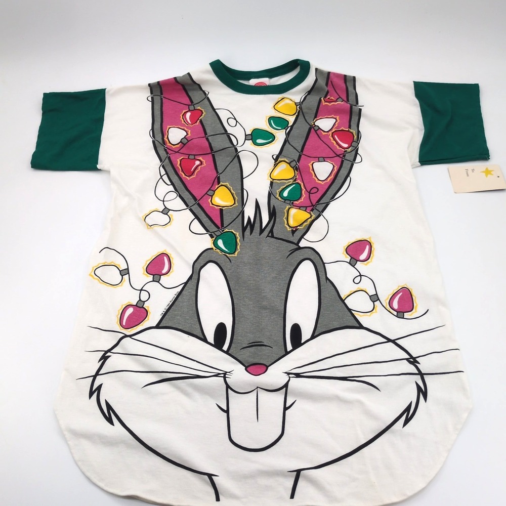 Vintage 1990s Bugs Bunny Christmas Lights Sleep Shirt Dress Warner Bros OSFA NWT